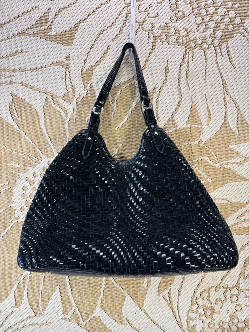 Cole Haan Genevieve | Black Woven Patent Leather Triangle Tote Shoulder Bag